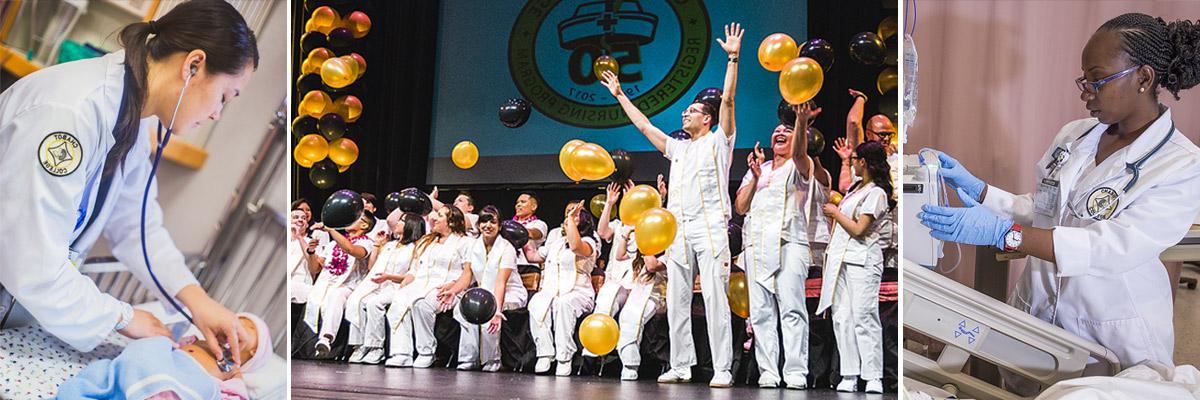 Nursing students at graduation, monitoring baby, and checking monitor.